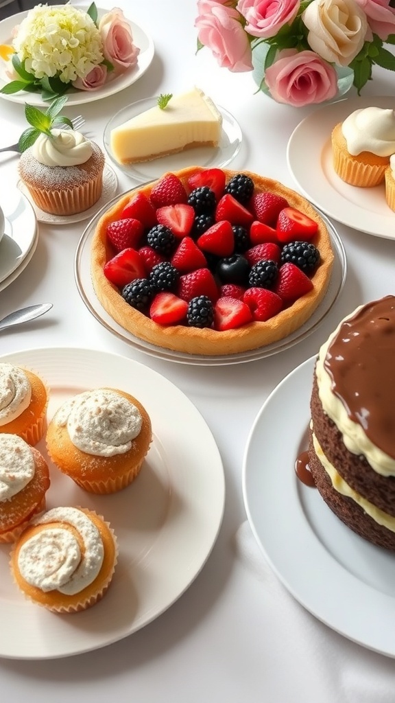 An inviting brunch table with a variety of desserts including fruit tart, muffins, and chocolate cake.